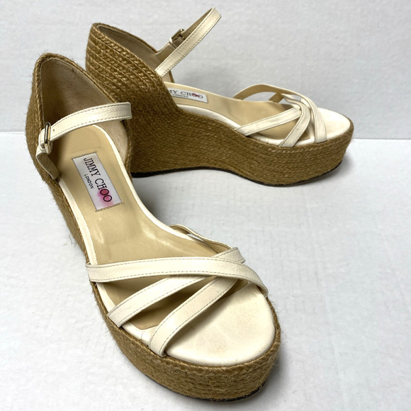 Jimmy Choo Delaney Sandal 80 Ivory Leather Wedge Braided Rope Detailing … - Picture 8 of 11
